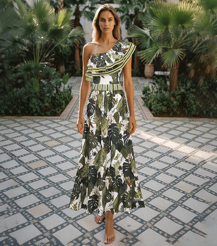 One Shoulder Ruffle Leaves Print Swimsuit Set(s)