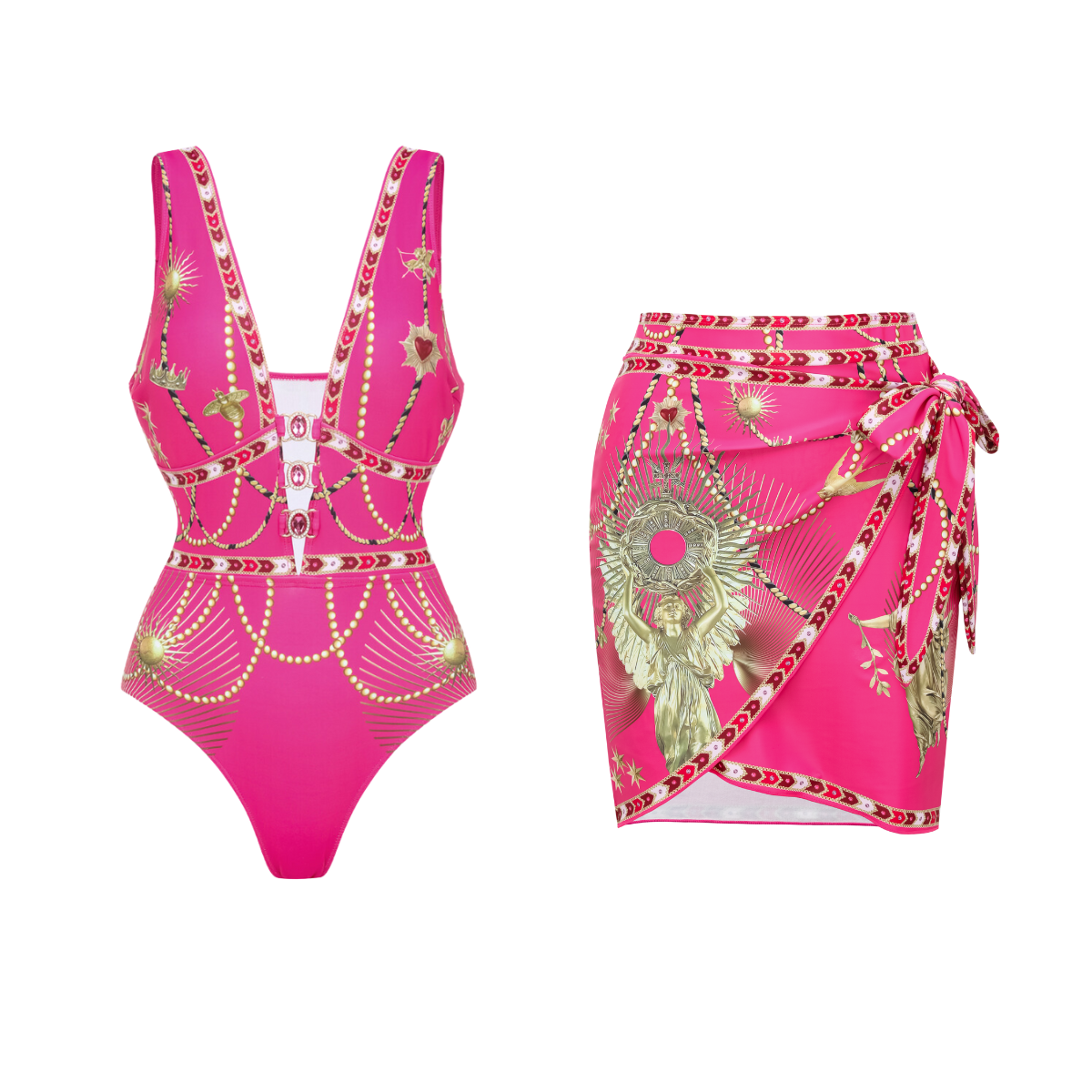 Hollow Metallic Pattern Printing One Piece Swimsuit and Skirt