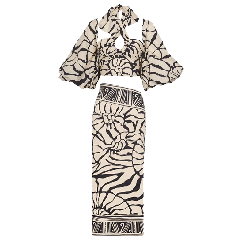 Detachable Puff Sleeves Printed High Waist Bikini Swimsuit and Skirt Flaxmaker