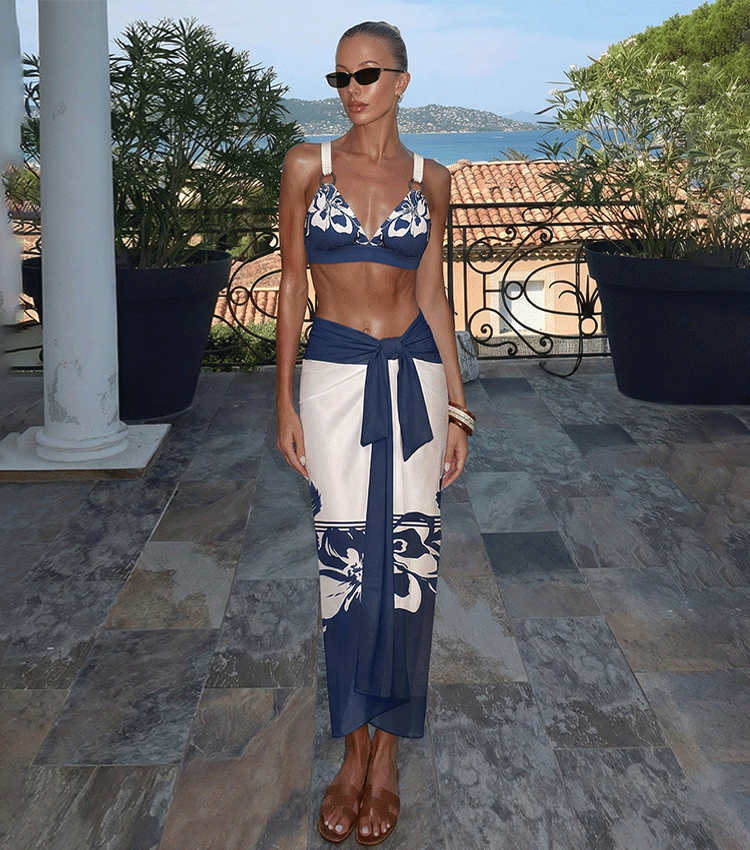 V Neck High Waist Bikini Blue Print Swimsuit Set(s)