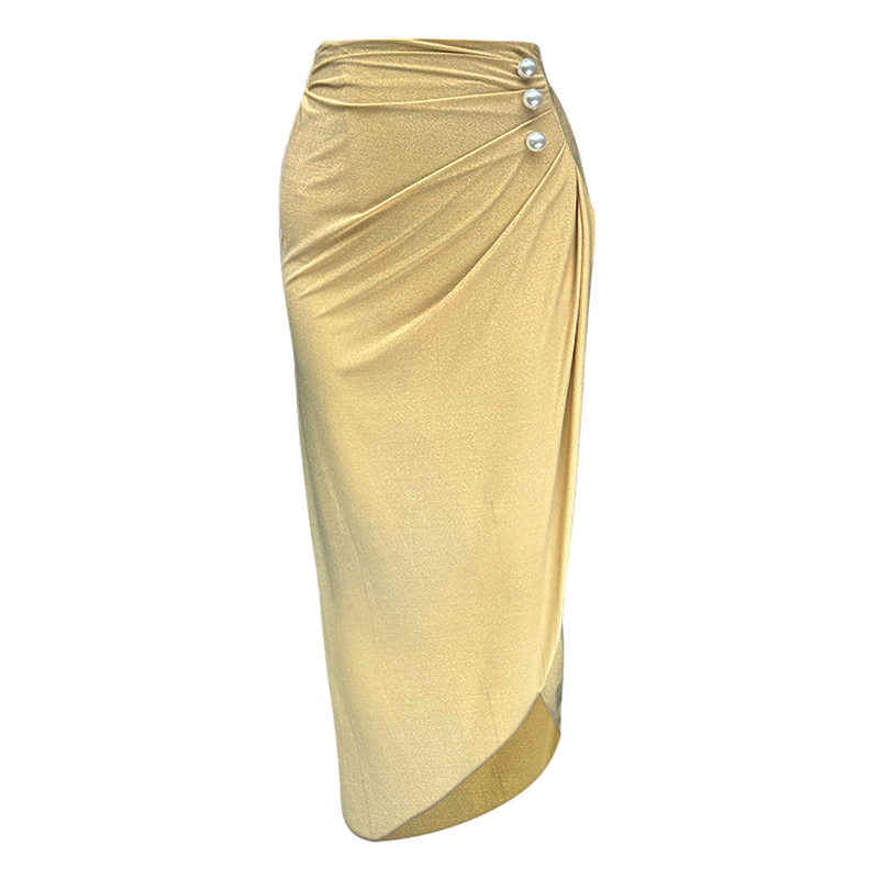Shiny Fabric Sling Pearl Decor Light Golden One Piece Swimsuit and Skirt