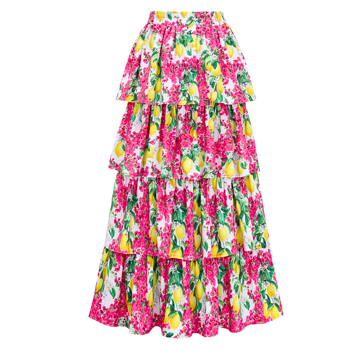 Bandeau Ruffled Lemon Floral Print One Piece Swimsuit and Mesh Splicing Sarong