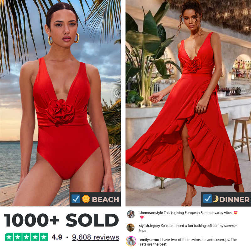 Detachable 3D Flower Red One Piece Swimsuit and Skirt Flaxmaker