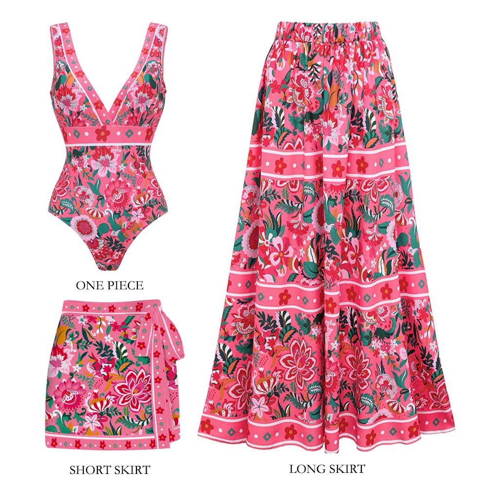Pink Floral Paradise Print V-neck One Piece Swimsuit and Skirt
