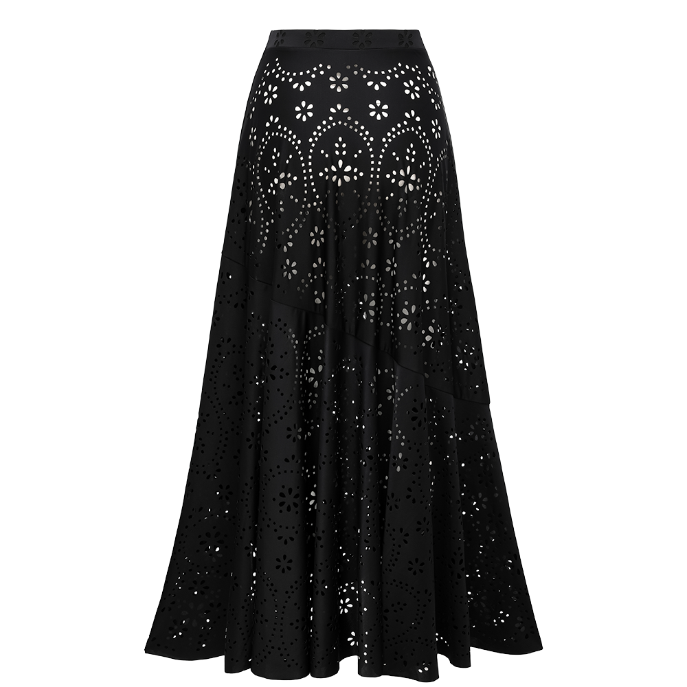 Black Laser Cut Hollow One Piece Swimsuit and Skirt