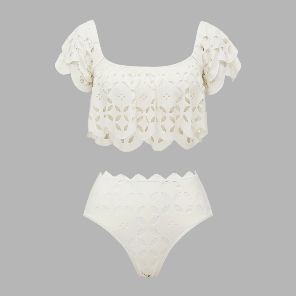 White Laser Hollowing Bikini Swimsuit and Skirt