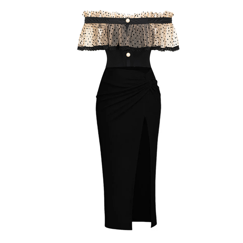 Off Shoulder Ruffle Dot Printed One Piece Swimsuit and Skirt Flaxmaker