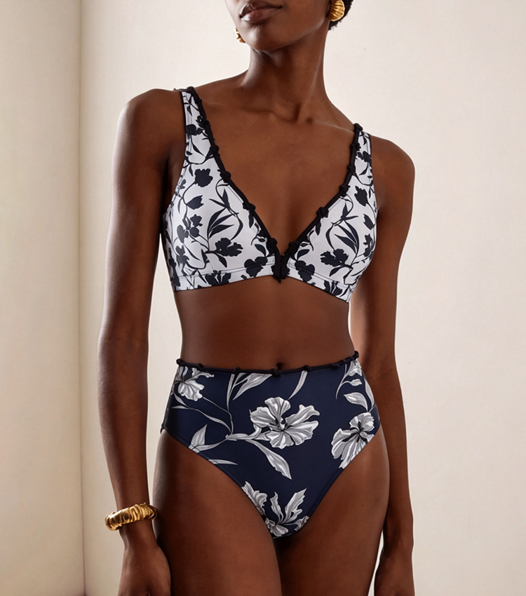 V Neck Bikini Blue Iris Printed Swimsuit Set(s)