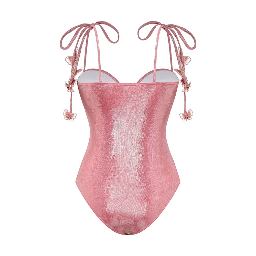 Pink Shiny Embroidered Butterfly One Piece Swimsuit and Split Skirt