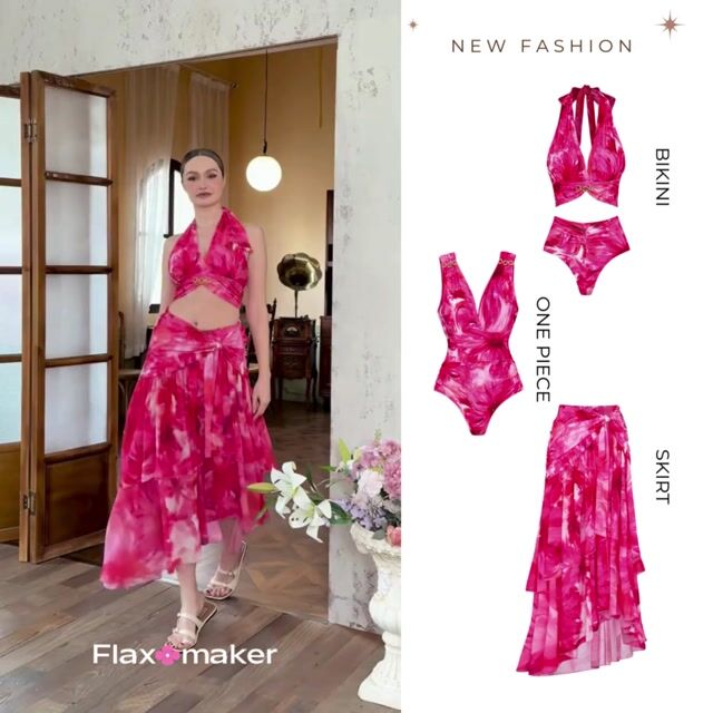 Floral Printed Halter Bikini Swimsuit and Skirt