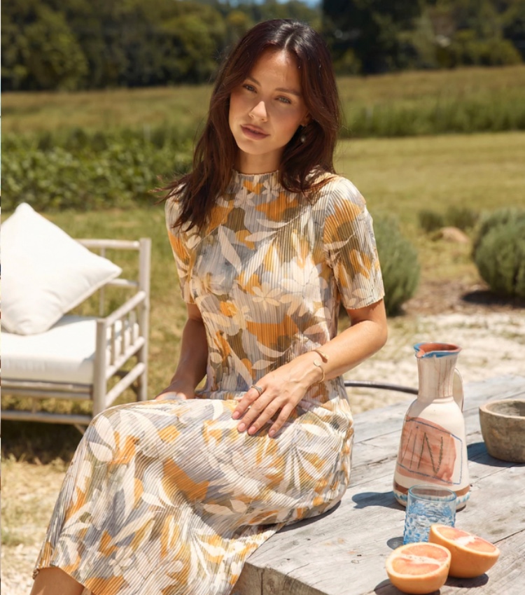 Flowered Pleated Midi Dress