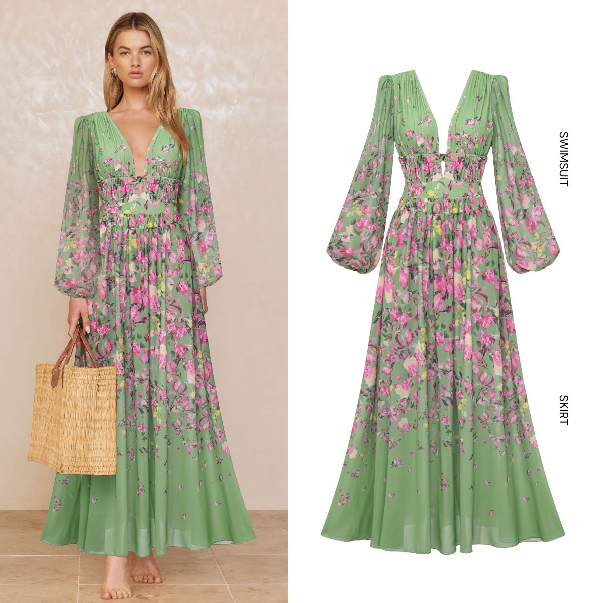 Long Sleeve Floral One Piece Swimsuit and Skirt