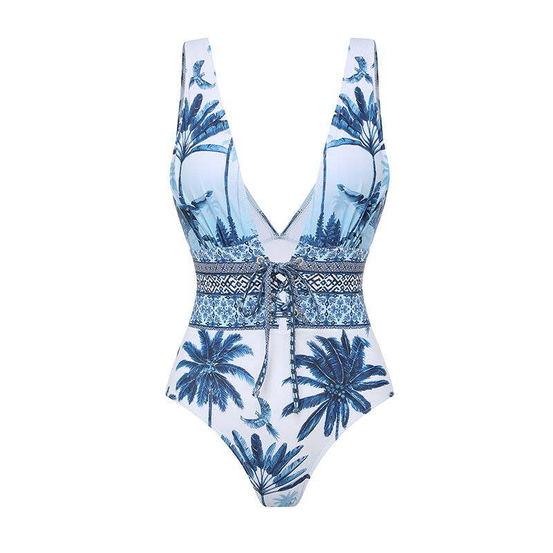 V Neck Lace Up Printed One Piece Swimsuit and Skirt
