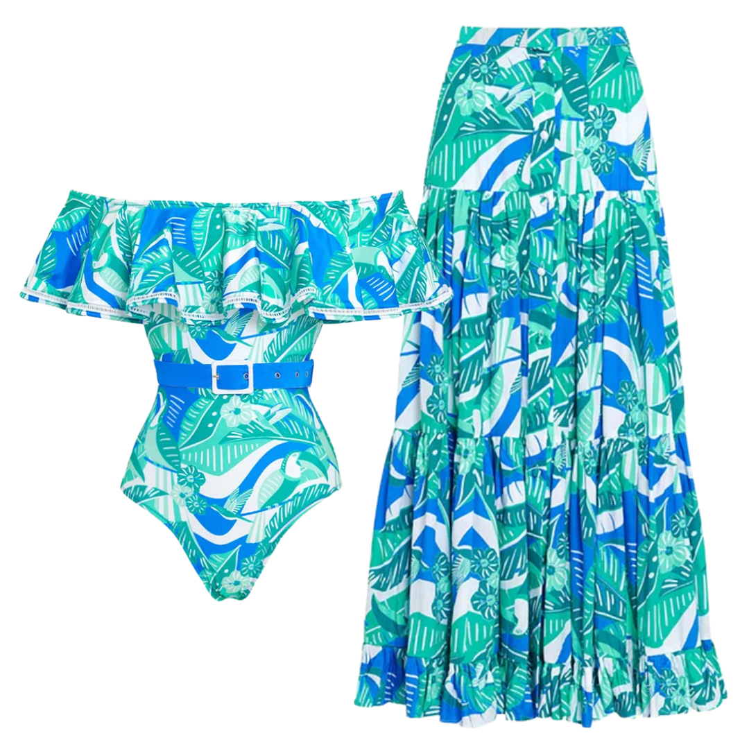 Off  Shoulder Ruffled Printed One Piece Swimsuit and Skirt