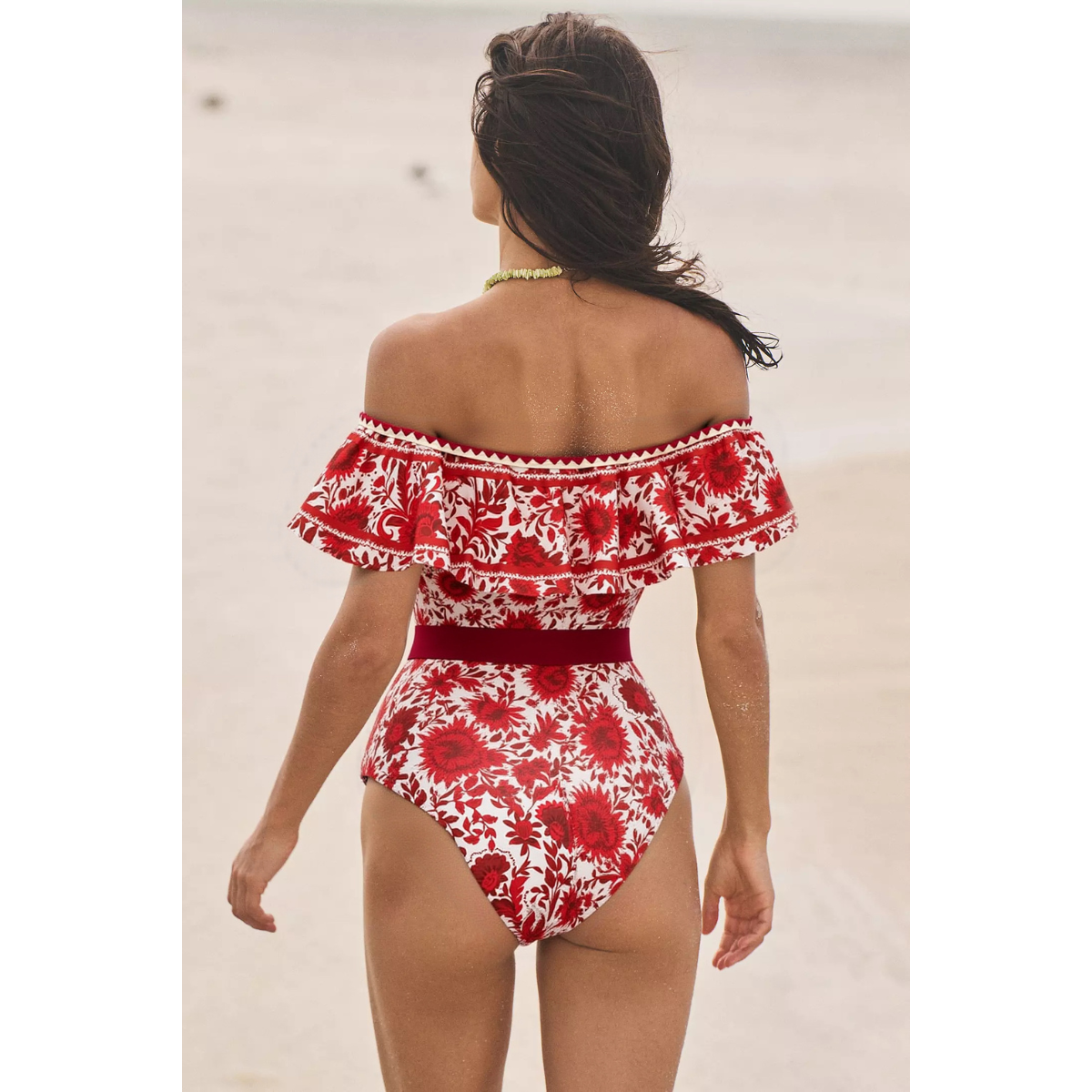 Bandeau Ruffled Red Flower Silhouette Print One Piece Swimsuit and Skirt