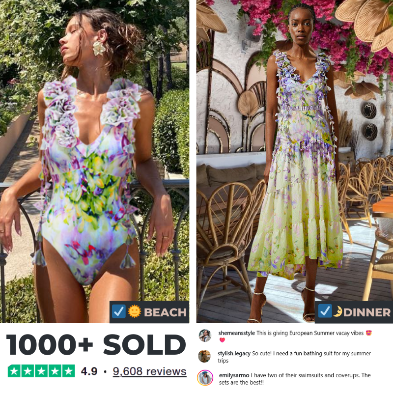 Gradient Flowers Printed One Piece Swimsuit and Skirt