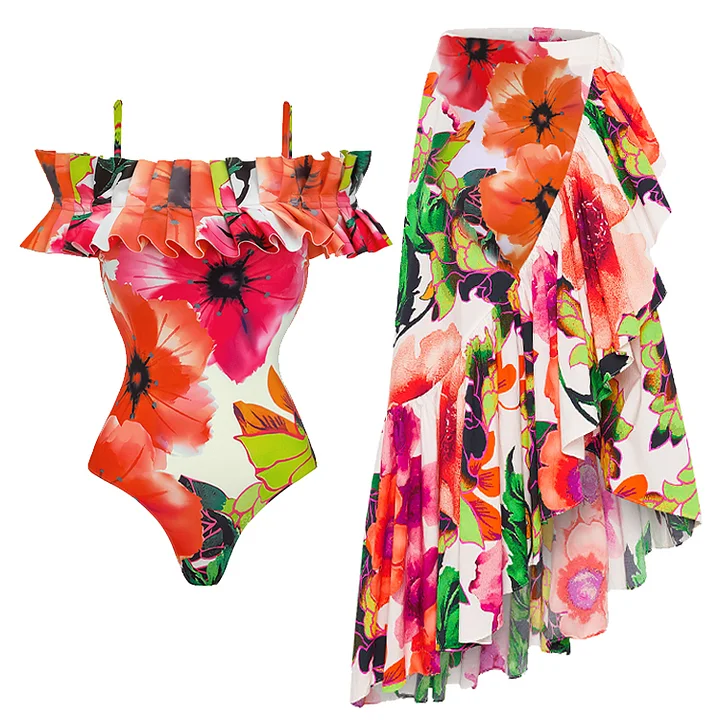 Ruffled Floral Print One Piece Swimsuit and Skirt Flaxmaker