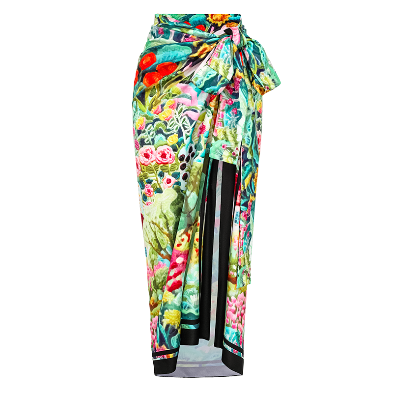 V Neck Bow-tie Oil Painting Print One Piece Swimsuit and Sarong