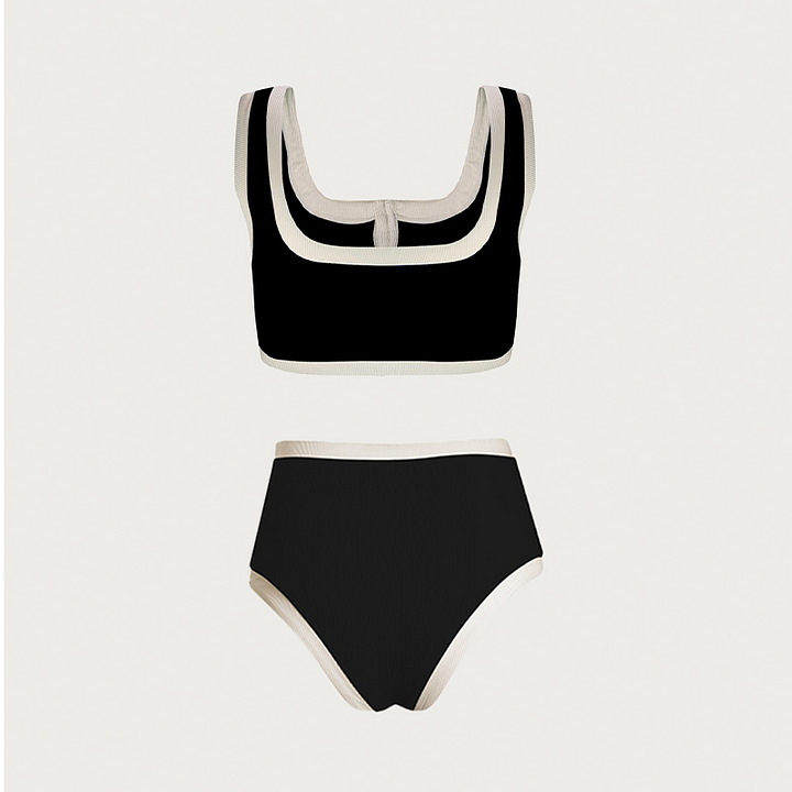 Button Detail Black and White High Waist Bikini Swimsuit Flaxmaker
