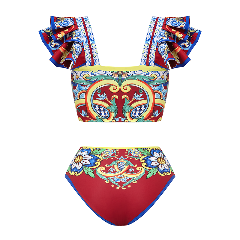 Ruffle Printed  Bikini Swimsuit and Skirt Flaxmaker