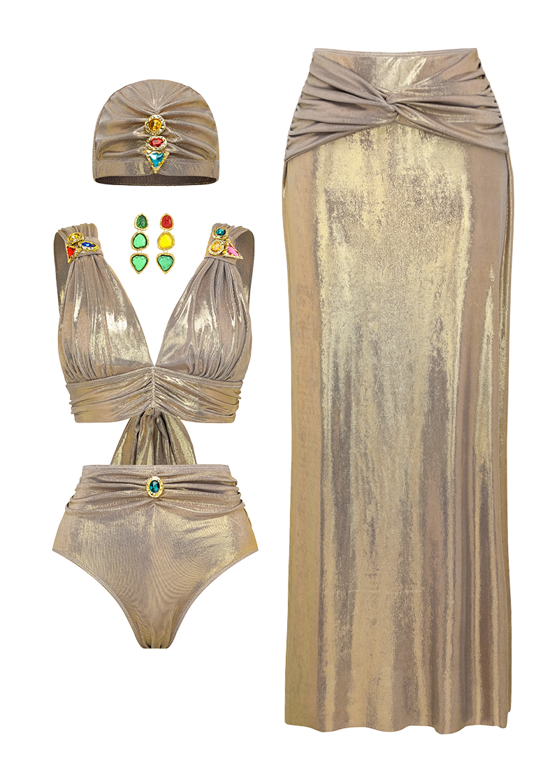 Plus Size Stone Decoration Shiny Bikini Swimsuit and Skirt