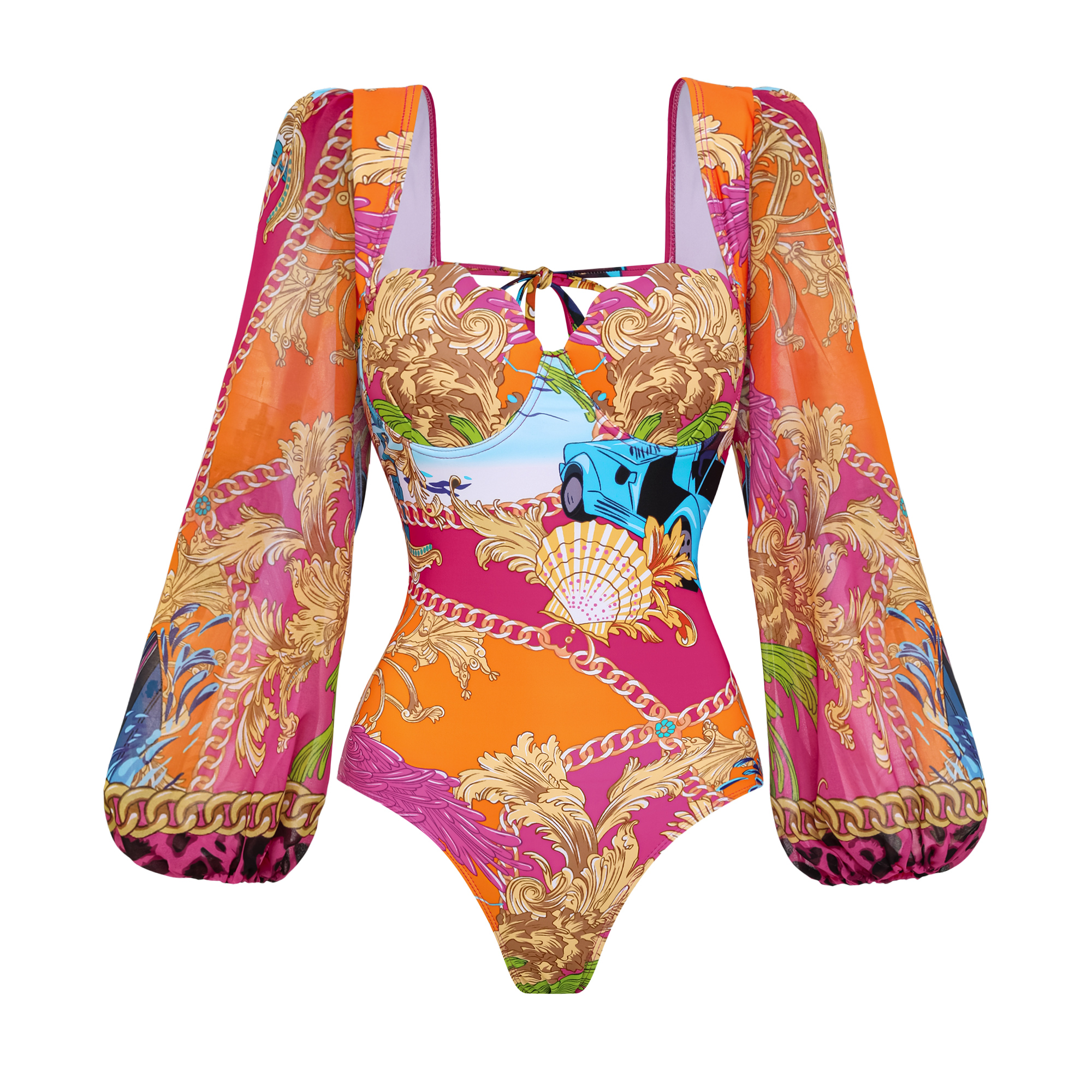 Long Sleeve Shell Chest Pad Printed One Piece Swimsuit and Skirt