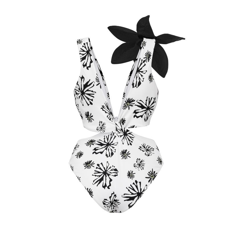 Flaxmaker Shoulder Flower Decor Printed One Piece Swimsuit and Sarong ...