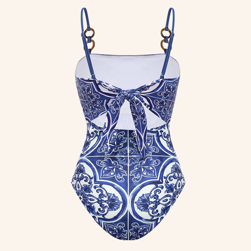 Sling Classic Majolica Series Pattern Print One Piece Swimsuit and Skirt or Shorts