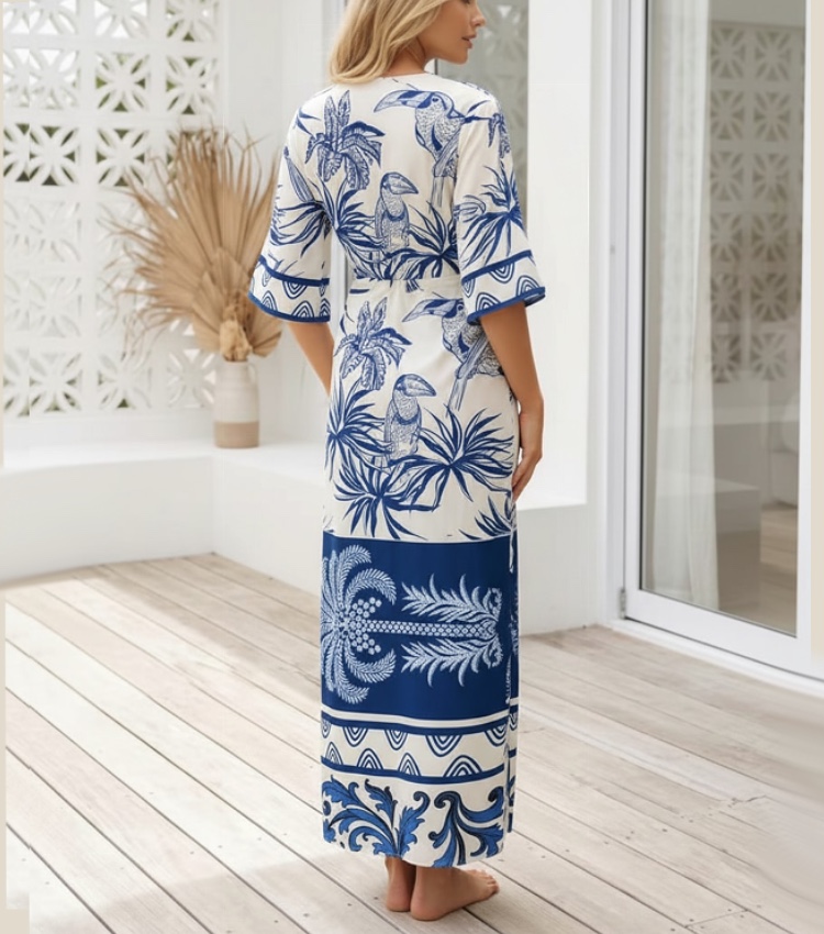 Blue Palm Print Midi Dress