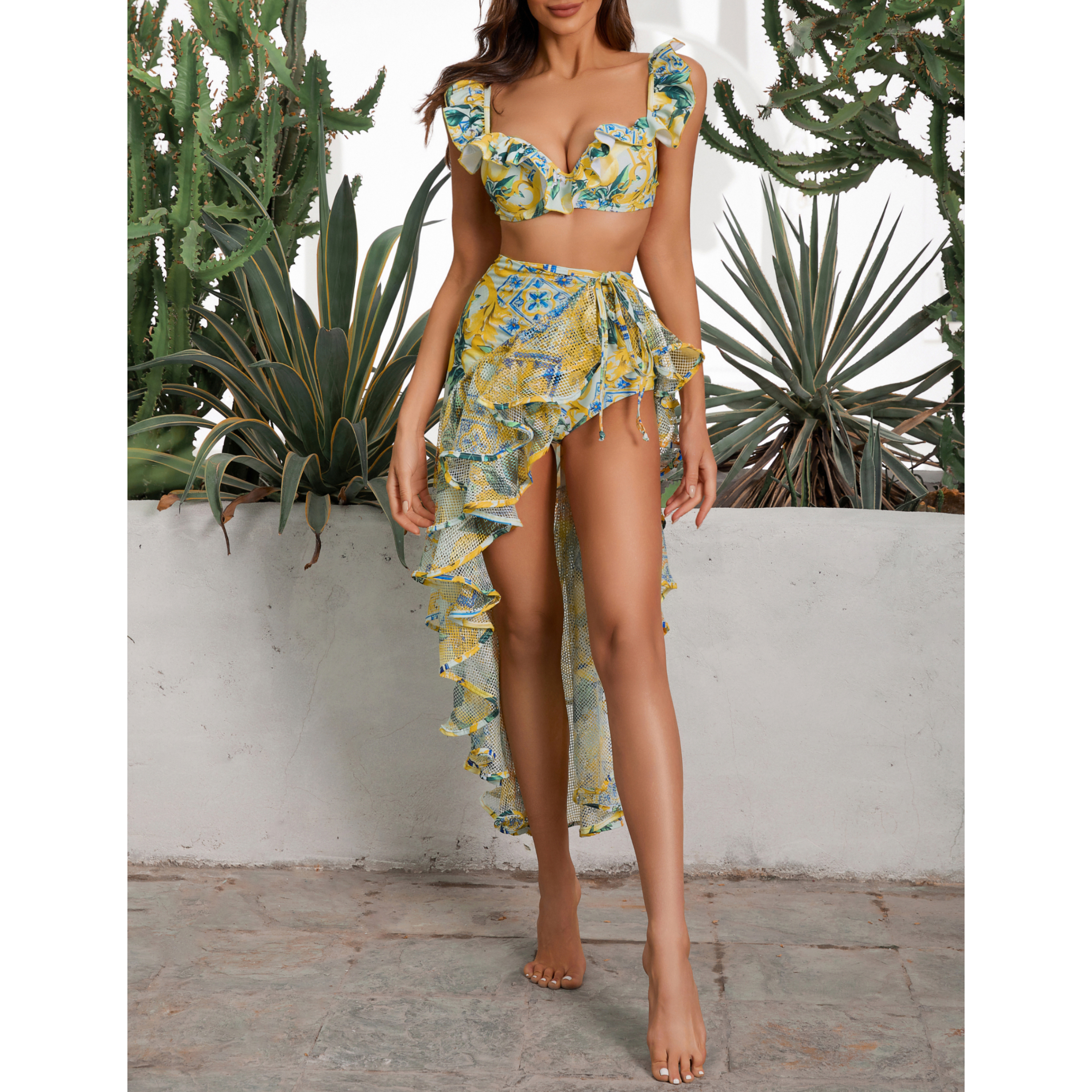 Lemon Print Ruffle Strap Bikini Swimsuit and Mesh Splicing Sarong Flaxmaker