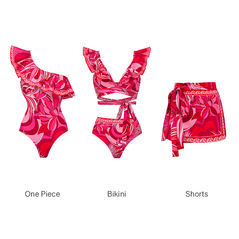 Ruffle V Neck Tie Bow Printed Strappy Bikini Swimsuit and  Sarong or Shorts