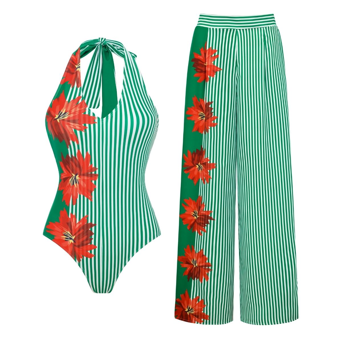 Plus Size Halter Blossom Print One Piece Swimsuit and Skirt/Pants