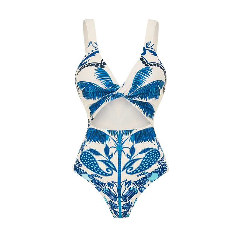 Sling Cut Out Coconut Tree Print One Piece Swimsuit and Skirt