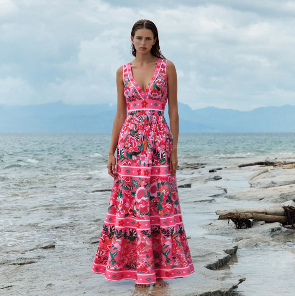 Pink Floral Paradise Print V-neck One Piece Swimsuit and Skirt