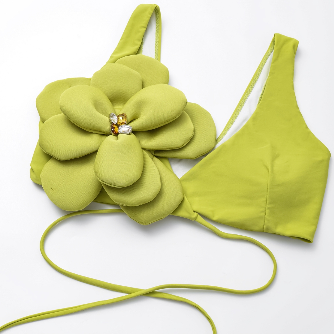 Lace-up Hand-stitched 3D flowers Bikini Swimsuit and Sarong