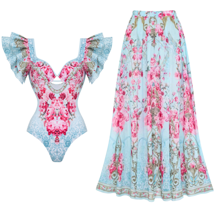 Ruffled Blue Blooming Flowers Print One Piece Swimsuit and Skirt
