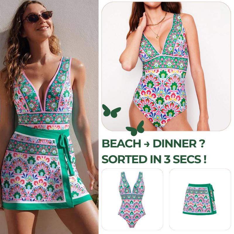V Neck Printed One Piece Swimsuit and Skirt