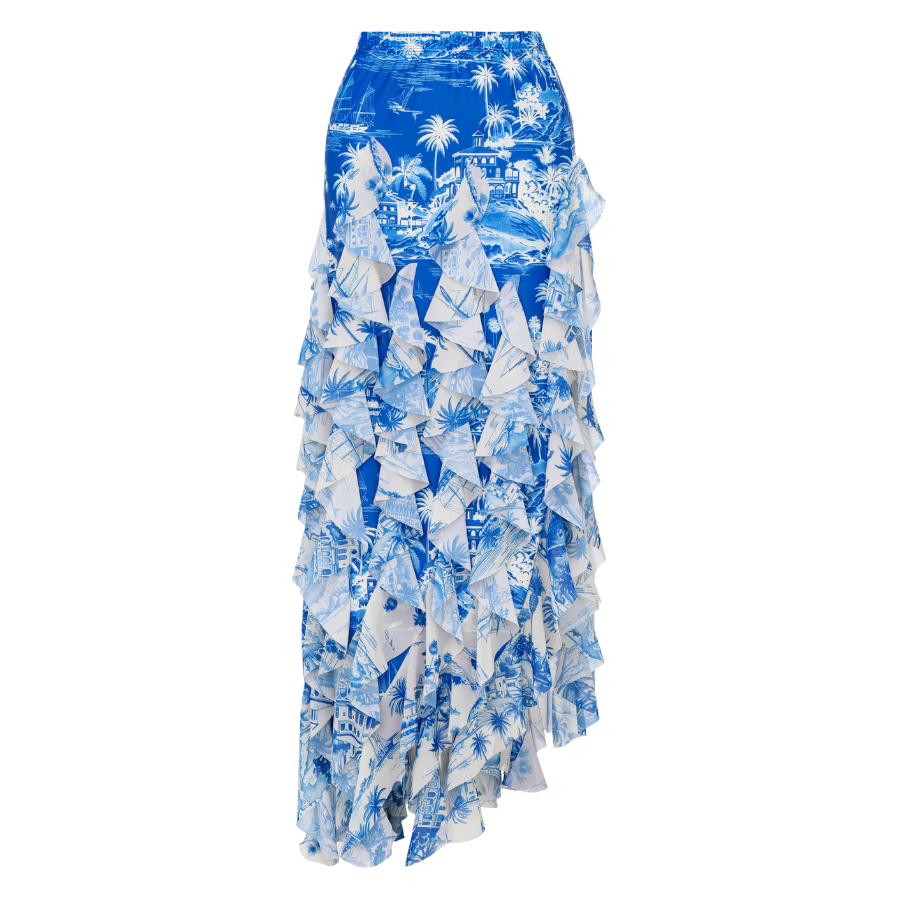 Ruffled Blue and White Bay Print One Piece Swimsuit and Skirt