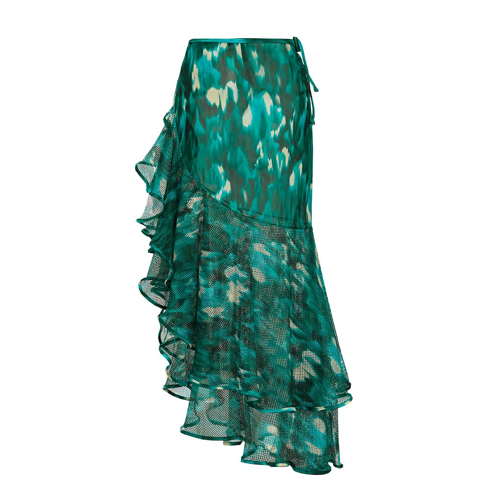 Bandeau Ruffled Green Blooming Print One Piece Swimsuit and Mesh Splicing Sarong