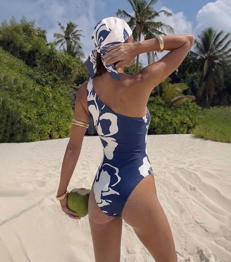 One Shoulder Cut Out Blue Flower Print Swimsuit Set(s)