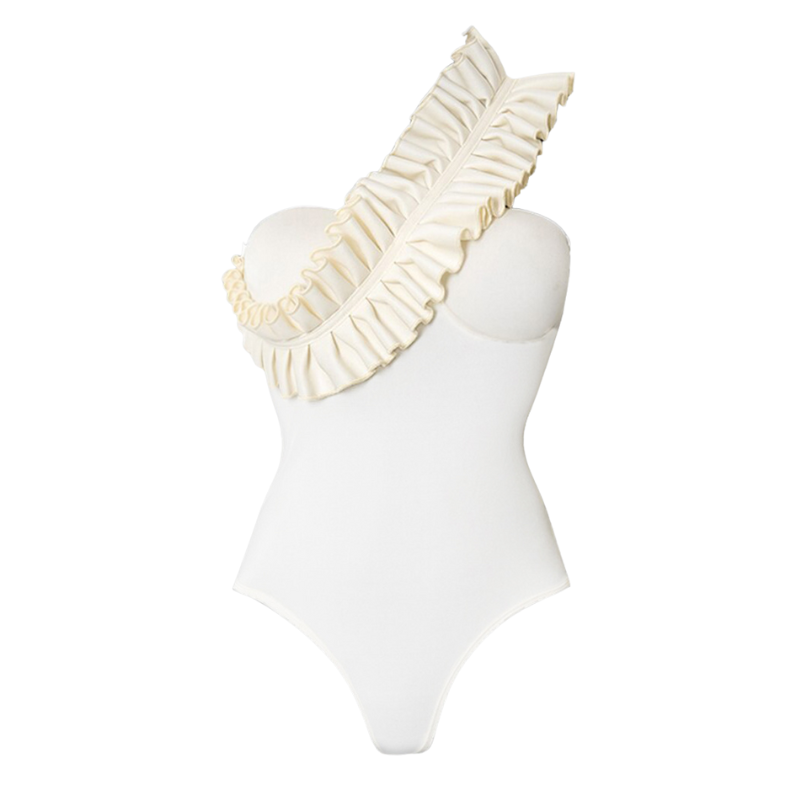 One Shoulder Ruffle White One Piece Swimsuit and Skirt Flaxmaker