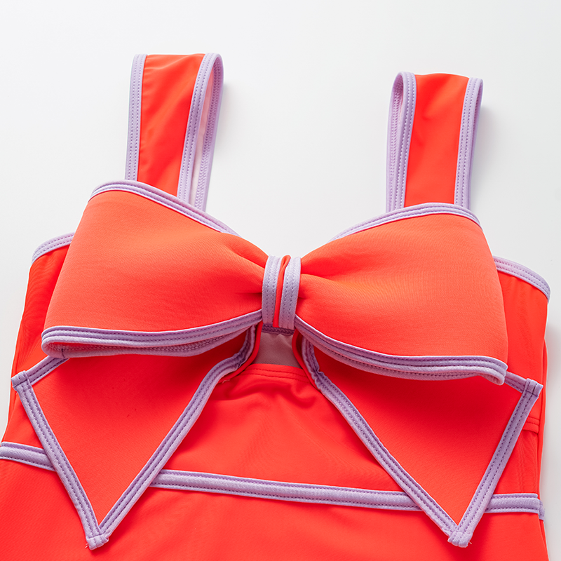 Bow Front Cut Out Color Block One Piece Swimsuit and Skirt Flaxmaker