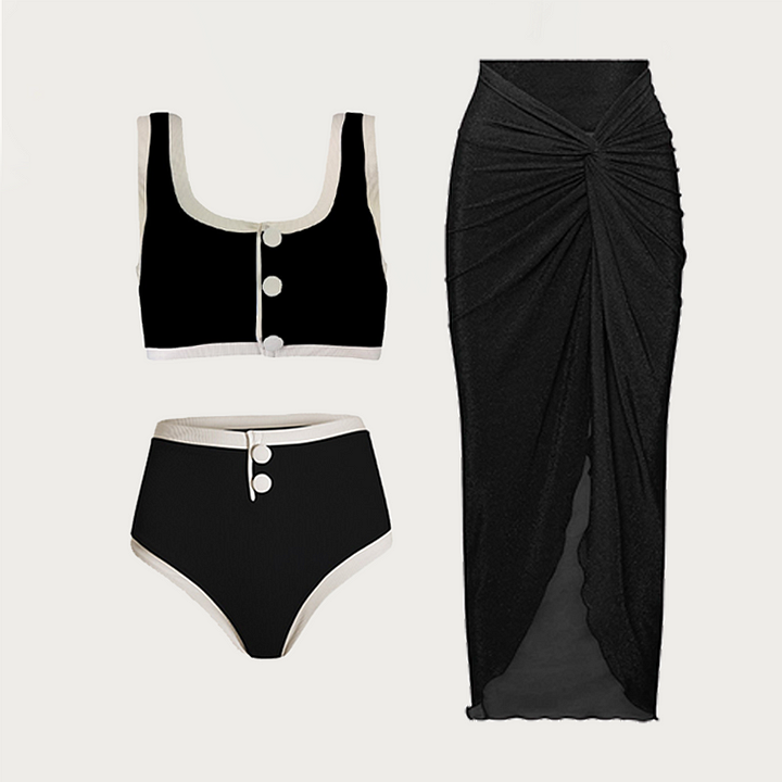 Button Detail Black and White High Waist Bikini Swimsuit Flaxmaker