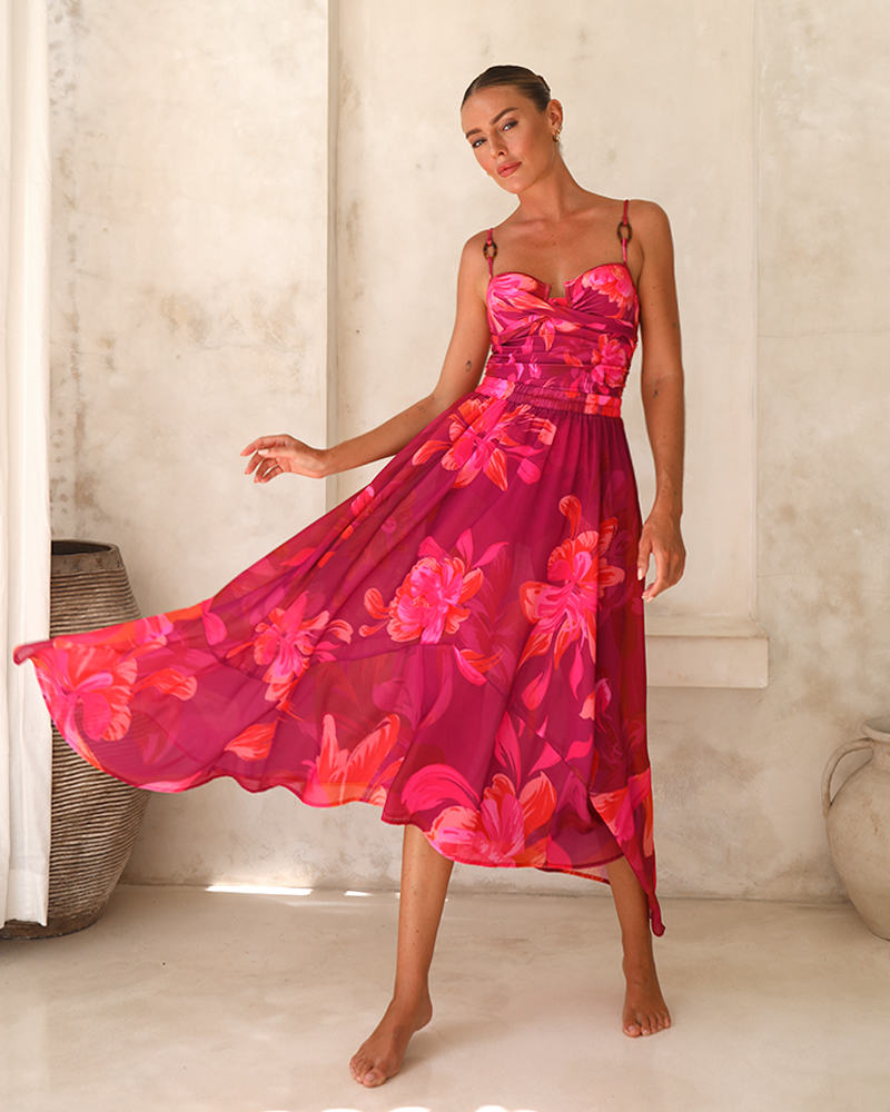 Sling Abstract Floral Print One Piece Swimsuit and Skirt