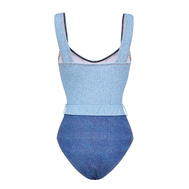 Sling Denim Pattern Print One Piece Swimsuit and Skirt