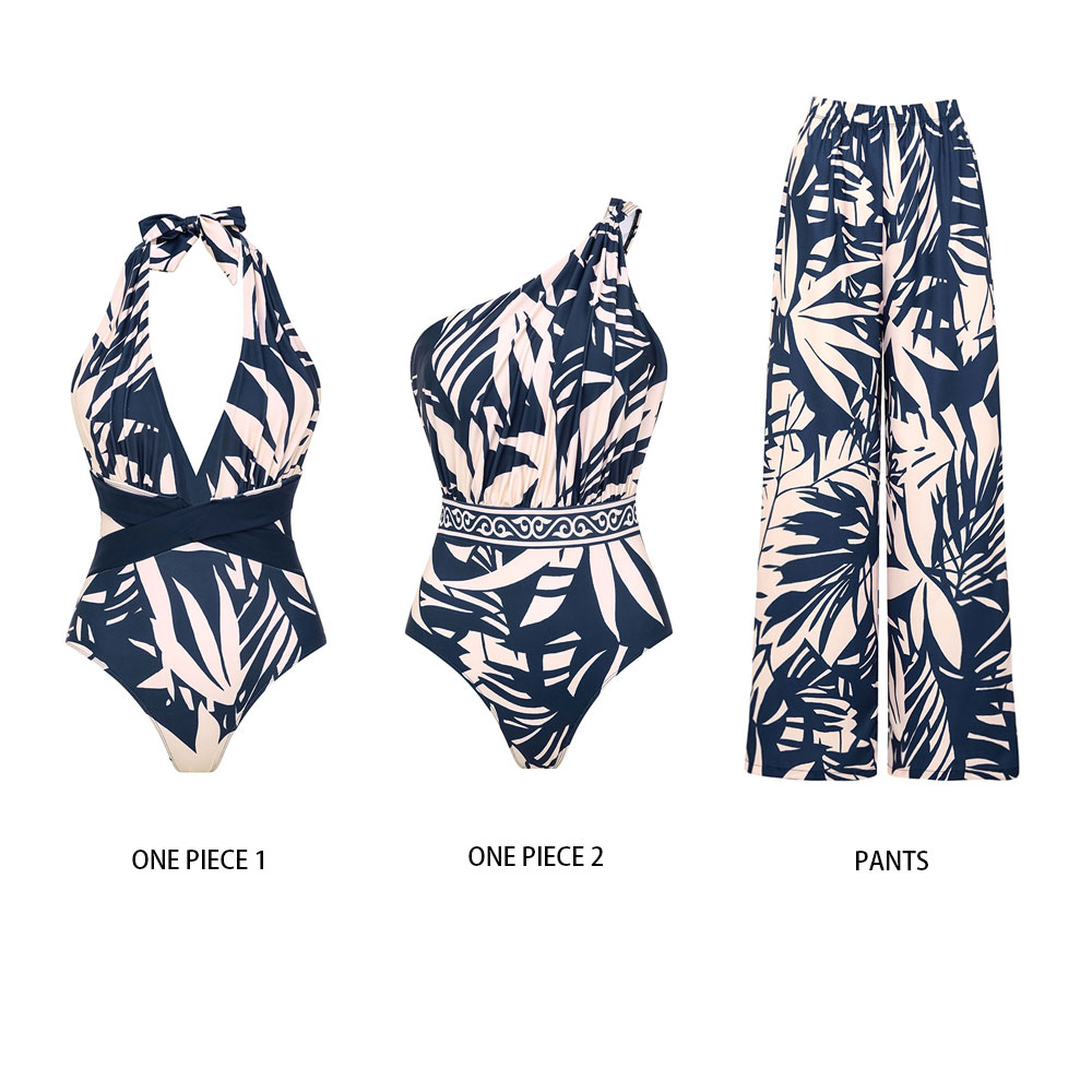 V Neck Leaves Print One Piece Swimsuit and Pants/Skirt
