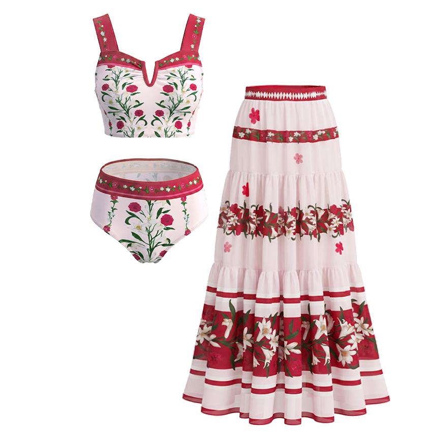 [Copy]Black Beige And Orange Floral Print Two-Piece Swimsuit Set(s)