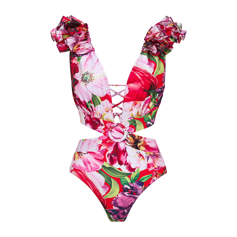 Ruffle Cut Out Floral Printed One Piece Swimsuit and Skirt