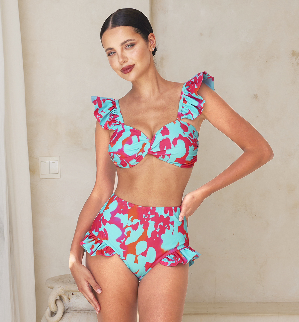 Printed Ruffle Bikini Swimsuit and Skirt
