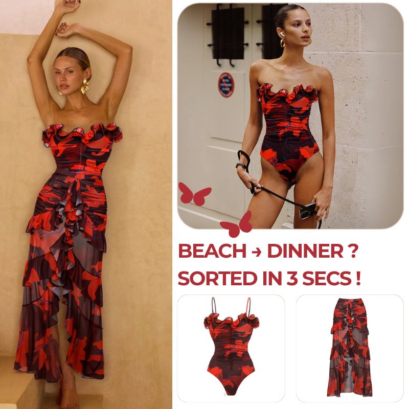 Lily Contrast Print Fabric Patchwork One Piece Swimsuit and Skirt